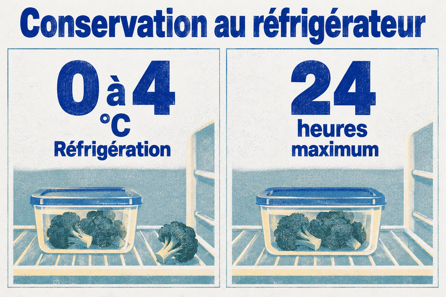 La purée de brocoli pour bébé se conserve au réfrigérateur entre 0 et 4 °C pendant 24 heures maximum.