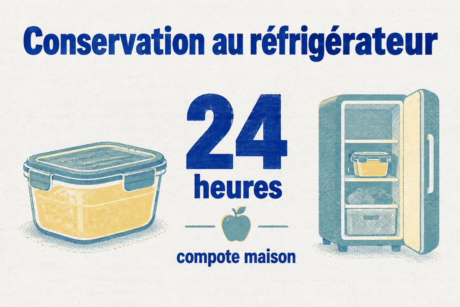 La compote maison se conserve 24 heures au réfrigérateur dans un récipient hermétique.