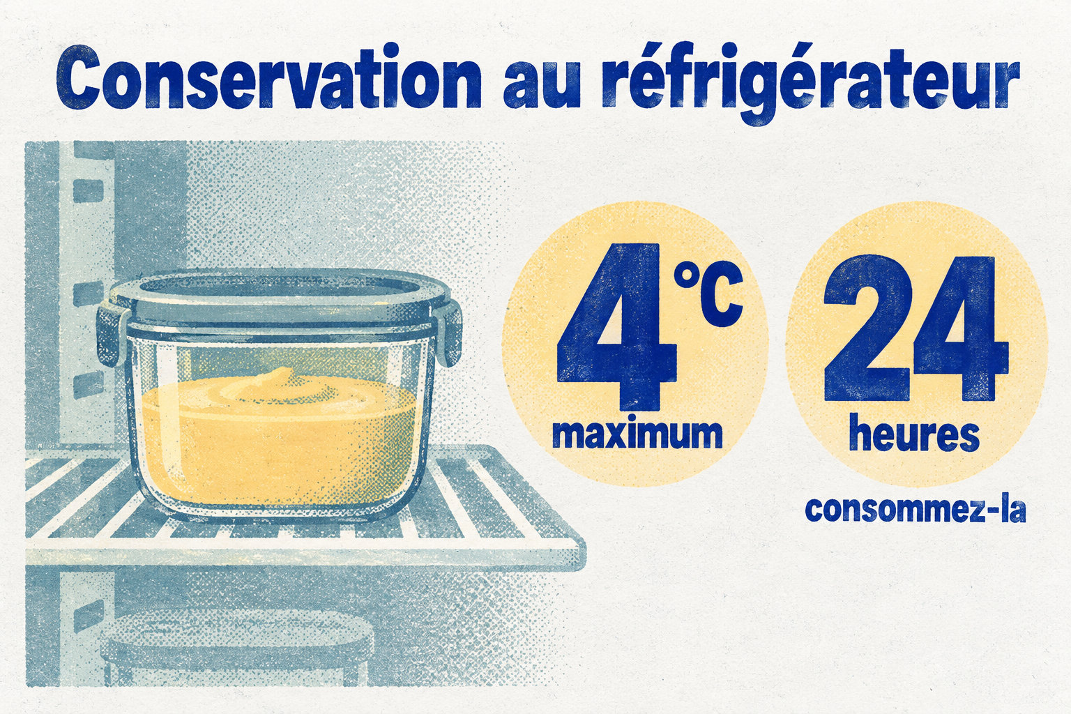 Pour conserver une purée maison au réfrigérateur, la température doit être de 4 °C maximum et elle est à consommer dans les 24 heures.
