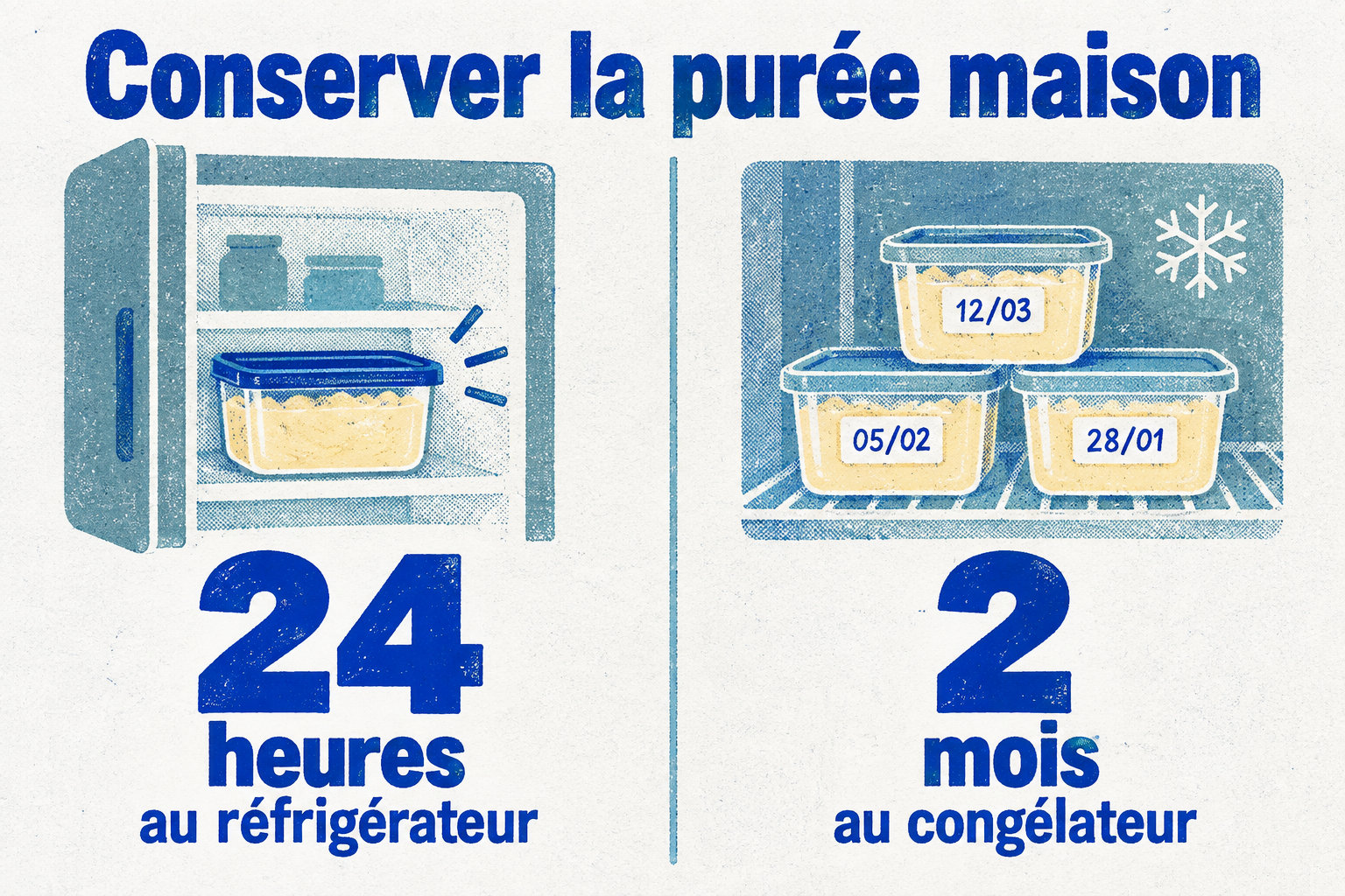 La purée maison se garde au réfrigérateur jusqu’à 24 heures, ou se congèle en portions à utiliser dans les deux mois.